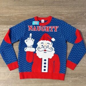 Ugly Christmas Sweater Party Naughty Santa Middle Finger Claus Blue Red Sweater